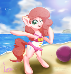 Size: 1280x1335 | Tagged: safe, alternate version, artist:inkypuso, imported from derpibooru, pinkie pie, earth pony, pony, beach, beach ball, bipedal, clothes, cloud, cute, diapinkes, equestria girls outfit, female, mare, ocean, one eye closed, open mouth, open smile, ponk, signature, sky, smiling, solo, swimsuit, wink