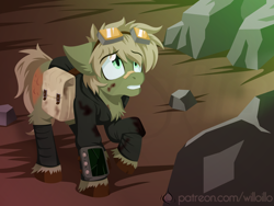 Size: 1600x1200 | Tagged: safe, artist:willoillo, imported from derpibooru, oc, oc only, oc:murky, oc:murky number seven, pegasus, pony, fallout equestria, fallout equestria: murky number seven, bag, bandaid, bandaid on nose, clothes, fanfic art, goggles, lightly watermarked, looking up, pegasus oc, pipbuck, saddle bag, watermark, wings