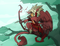 Size: 3300x2550 | Tagged: safe, artist:bbsartboutique, imported from derpibooru, oc, oc only, oc:fynnegan, anthro, griffon, arrow, aztec, bow (weapon), fog, forest, headdress, male, skull, solo, tree, tree branch