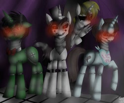 Size: 979x816 | Tagged: safe, artist:beatrizflandes, imported from derpibooru, oc, oc only, alicorn, pegasus, pony, robot, robot pony, unicorn, alicorn oc, cutie mark, digital art, female, five nights at freddy's, horn, looking at you, male, mare, stallion, tail, wings