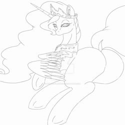 Size: 900x900 | Tagged: safe, artist:beatrizflandes, imported from derpibooru, princess celestia, alicorn, pony, butt, collar, crown, deviantart watermark, digital art, hooves, horn, jewelry, looking at you, monochrome, obtrusive watermark, plot, regalia, simple background, sketch, spread wings, sunbutt, tail, watermark, white background, wings