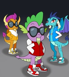 Size: 929x1037 | Tagged: safe, artist:mythril azure, imported from derpibooru, princess ember, smolder, spike, dragon, among drip, clothes, dragon trio, dragoness, drip, female, glasses, jacket, male, shoes, sneakers, varsity jacket