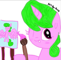 Size: 720x710 | Tagged: safe, artist:altersmay87, artist:rainyponyindo, imported from derpibooru, oc, oc:rainy rainbow, pegasus, unicorn, blinking, brush, draw, female, mare, one eye closed, paint