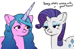 Size: 1500x1000 | Tagged: safe, artist:h1richie, artist:hirichie, imported from derpibooru, izzy moonbow, rarity, pony, unicorn, dialogue, female, g5, horn, horn envy, long horn, looking at each other, mare, simple background, white background