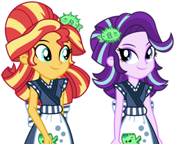 Size: 1024x848 | Tagged: safe, artist:emeraldblast63, imported from derpibooru, starlight glimmer, sunset shimmer, eqg summertime shorts, equestria girls, good vibes, clothes, clothes swap, cute, duo, duo female, female, food, glimmerbetes, looking at each other, looking at someone, shimmerbetes, simple background, smiling, starlight sushi, sunset sushi, sushi, transparent background, uniform, uniforms, vector