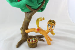 Size: 1280x854 | Tagged: safe, artist:azgchip, imported from derpibooru, applejack, earth pony, pony, accident, apple, applebucking, bucket, bucking, craft, faic, falling, female, food, funny, mare, photo, scared, sculpture, shocked, solo, tree, wax, wide eyes