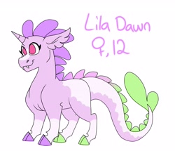 Size: 3239x2780 | Tagged: safe, artist:dodiejinx, imported from derpibooru, oc, oc only, oc:lila dawn, dracony, dragon, hybrid, pony, cloven hooves, fangs, female, interspecies offspring, no pupils, offspring, parent:rarity, parent:spike, parents:sparity, simple background, solo, white background