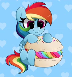 Size: 3858x4096 | Tagged: safe, artist:kittyrosie, imported from derpibooru, part of a set, rainbow dash, pegasus, pony, blushing, cute, dashabetes, female, food, heart, herbivore, macaron, part of a series, remake, solo, sweet dreams fuel