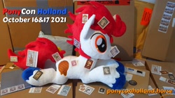 Size: 1920x1080 | Tagged: safe, artist:steam-loco, imported from derpibooru, oc, oc:stroopwafeltje, oc:waffles, discworld, irl, photo, plushie, ponycon holland, ponyconholland, stamp