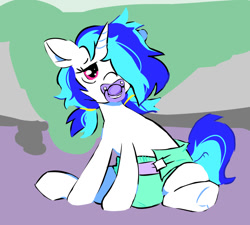 Size: 1280x1152 | Tagged: safe, artist:onc3l3rphobix, imported from derpibooru, dj pon-3, vinyl scratch, pony, unicorn, adult foal, alternate hairstyle, cute, diaper, diaper fetish, fetish, hair over one eye, non-baby in diaper, pacifier, pigtails, simple background, sleepy, solo