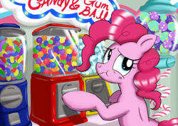 Size: 1024x724 | Tagged: safe, artist:neoshrek, imported from derpibooru, pinkie pie, earth pony, pony, bubblegum, female, food, gum, gumball machine, looking back, solo