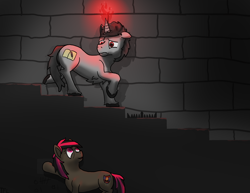 Size: 3300x2550 | Tagged: safe, artist:tofuslied-, imported from derpibooru, oc, earth pony, pony, unicorn, bear trap, floppy ears, glowing horn, horn, stairs, tally marks, this will not end well, trap (device)