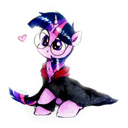 Size: 1024x1024 | Tagged: safe, artist:liaaqila, imported from derpibooru, twilight sparkle, pony, unicorn, adorkable, chest fluff, clothes, cosplay, costume, cute, dork, floating heart, glasses, harry potter, harry potter (series), heart, meganekko, nerd, raised hoof, round glasses, silly, silly pony, traditional art, twiabetes, unicorn twilight