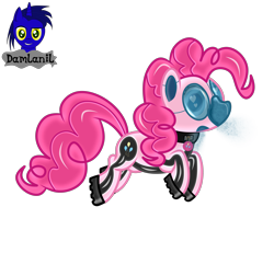 Size: 4154x3840 | Tagged: safe, artist:damlanil, imported from derpibooru, pinkie pie, earth pony, pony, boots, clothes, collar, commission, cutie mark accessory, cutie mark collar, female, gas mask, hazmat pony drone, heart, heart eyes, latex, looking at you, mare, mask, raised hoof, rubber, rubber drone, shiny, shiny mane, shoes, show accurate, simple background, solo, transformation, transparent background, vector, wingding eyes