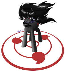 Size: 4402x4803 | Tagged: safe, artist:danmakuman, imported from derpibooru, imported from ponybooru, oc, oc only, oc:midnight radiance, oc:midnight radiance (sixpathspony), earth pony, pony, absurd resolution, cutie mark, flowing hair, looking at you, magic, magic circle, male, mouth hold, naruto, red eyes, sharingan, simple background, solo, transparent background, weapon