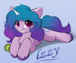 Size: 957x793 | Tagged: safe, artist:d.w.h.cn, imported from derpibooru, izzy moonbow, pony, unicorn, blue background, chest fluff, cute, female, g5, grin, izzy's tennis ball, izzybetes, looking at you, mare, simple background, smiling, solo, teeth, tennis ball, text, unshorn fetlocks