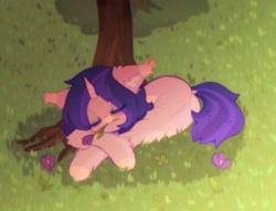 Size: 1594x1218 | Tagged: safe, artist:astralblues, imported from derpibooru, oc, oc only, pony, unicorn, ear fluff, eyes closed, female, flower, flower in mouth, grass, hoof fluff, lying down, mare, mouth hold, sleeping, sleepy, solo, tree