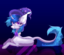 Size: 3000x2600 | Tagged: safe, artist:jsunlight, imported from derpibooru, oc, oc only, oc:astral blues, pony, unicorn, bowtie, chest fluff, coat markings, digital art, ear fluff, facial markings, feral, hat, hoof fluff, looking at you, lying down, prone, solo, star (coat marking), trade, wizard hat