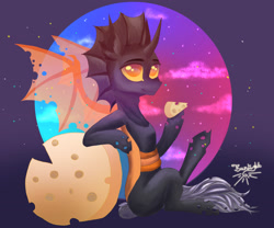 Size: 3000x2500 | Tagged: safe, artist:jsunlight, imported from derpibooru, oc, oc only, oc:teen spirit, bat pony, changeling, hybrid, pony, batling, cheese, food, male, orange changeling, solo