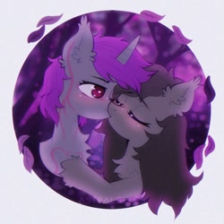 Size: 976x975 | Tagged: safe, artist:astralblues, imported from derpibooru, oc, oc:ametist bell, earth pony, pony, unicorn, blushing, chest fluff, ear fluff, eyes closed, hoof fluff, horn, kissing, shy