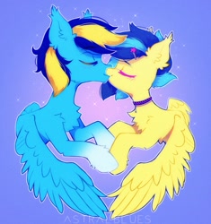 Size: 1325x1412 | Tagged: safe, artist:astralblues, imported from derpibooru, oc, pegasus, pony, blushing, chest fluff, choker, cute, ear fluff, eyes closed, holding hooves, hoof fluff, hooves, kissing, shoulder fluff, shy, wings, wings down