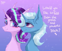 Size: 3000x2500 | Tagged: safe, artist:jsunlight, imported from derpibooru, starlight glimmer, trixie, pony, unicorn, female, grammar error, lesbian, shipping, startrix