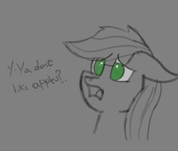Size: 2000x1700 | Tagged: safe, artist:somber, imported from derpibooru, applejack, earth pony, pony, bust, cute, dialogue, female, mare, sad, sketch, solo