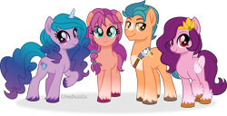 Size: 6840x3500 | Tagged: safe, artist:limedazzle, imported from derpibooru, hitch trailblazer, izzy moonbow, pipp petals, sunny starscout, earth pony, pegasus, pony, unicorn, adorapipp, braid, cute, female, g4, g5, g5 to g4, group photo, high res, izzybetes, looking at you, male, mare, pipp, raised hoof, simple background, smiling, stallion, sunnybetes, text, transparent background, unshorn fetlocks, vector