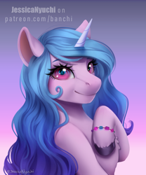 Size: 2500x3000 | Tagged: safe, artist:jessicanyuchi, imported from derpibooru, izzy moonbow, pony, unicorn, spoiler:g5, chest fluff, cute, female, g5, gradient background, high res, izzybetes, looking at you, mare, signature, smiling, solo, text, unshorn fetlocks