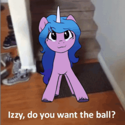 Size: 1000x1000 | Tagged: safe, artist:pucksterv, imported from derpibooru, izzy moonbow, sunny starscout, earth pony, pony, unicorn, animated, crash, cute, derp, female, g5, g5 movie, izzy's tennis ball, izzybetes, meme, my little pony: a new generation, ponified meme, sound, tennis ball, that pony sure does love tennis balls, vine, vine video, webm