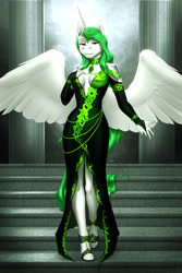 Size: 4000x6000 | Tagged: safe, artist:mykegreywolf, imported from derpibooru, oc, oc only, oc:eos, alicorn, anthro, unguligrade anthro, absolute cleavage, alicorn oc, breasts, cleavage, clothes, commission, detailed background, dress, female, green eyes, green hair, horn, reasonably sized breasts, smiling, solo, wings