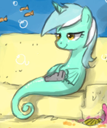 Size: 387x462 | Tagged: safe, artist:johnjoseco, edit, imported from derpibooru, lyra heartstrings, fish, pony, sea pony, unicorn, bedroom eyes, couch, cropped, meanwhile, meme, ocean, radio, seaponified, seapony lyra, sitting, sitting lyra, smiling, species swap, underwater