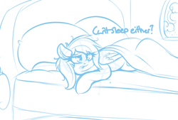 Size: 799x539 | Tagged: safe, artist:graphene, imported from derpibooru, part of a set, rainbow dash, pegasus, pony, /mlp/, bed, dialogue, monochrome, sleepy, solo