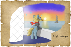 Size: 1500x1000 | Tagged: safe, alternate version, artist:malte279, imported from derpibooru, oc, oc:lightbringer, earth pony, tails of equestria, bubble, lighthouse, npc, ocean, parchment, pipe, sunset, tower, worldbuilding