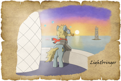 Size: 1024x683 | Tagged: safe, alternate version, artist:malte279, imported from derpibooru, oc, oc:lightbringer, earth pony, tails of equestria, bubble, lighthouse, npc, ocean, parchment, pipe, sunset, tower, worldbuilding