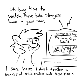 Size: 3000x3000 | Tagged: safe, artist:tjpones, imported from derpibooru, oc, oc only, oc:tjpones, earth pony, pony, black and white, dialogue, glasses, grayscale, male, monochrome, simple background, solo, stallion, television, white background