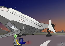 Size: 1414x1000 | Tagged: safe, artist:happy harvey, imported from derpibooru, nightmare moon, oc, oc:anon, alicorn, human, pony, anvil aerospace, carrack, crossover, drawn on phone, evening, female, landing gear, landing strip, male, mare, phone drawing, spaceship, star citizen, stars, streetlight, sunset, turret