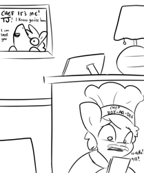 Size: 3000x3591 | Tagged: safe, artist:tjpones, imported from derpibooru, oc, oc only, oc:tjpones, earth pony, pony, black and white, cellphone, chef, chef's hat, desk, duo, grayscale, hat, male, monochrome, phone, smartphone, stallion