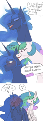 Size: 1264x3496 | Tagged: safe, artist:kaifeather, imported from derpibooru, princess celestia, princess luna, 3 panel comic, ^u^, blushing, broken english, comic, cute, female, implied lesbian, implied princest, implied shipping, incest, lesbian, princest, ship, shipping, simple background