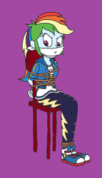 Size: 1088x1896 | Tagged: safe, artist:bugssonicx, artist:csxz, color edit, edit, imported from derpibooru, rainbow dash, equestria girls, angry, arm behind back, bondage, bound and gagged, cloth gag, clothes, colored, dashsub, female, femsub, gag, pants, rainbond dash, rope, rope bondage, shoes, sneakers, submissive, tied to chair, tied up