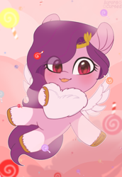 Size: 1641x2379 | Tagged: safe, artist:auroracursed, imported from derpibooru, pipp petals, pegasus, pony, unicorn, adorapipp, candy, chibi, cute, cutie mark, female, fluffy, food, g5, heart, heart eyes, mare, my little pony: a new generation, pipp, pippabetes, red eyes, red-eyed pipp, signature, solo, species:pony, tongue out, wingding eyes