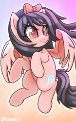 Size: 1500x2400 | Tagged: safe, artist:rivin177, imported from derpibooru, oc, oc only, pegasus, pony, black hair, bow, commission, flying, hooves up, simple background, solo