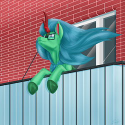 Size: 3000x3000 | Tagged: safe, artist:dadio46, imported from derpibooru, oc, oc only, oc:lex rudera, kirin, pony, balcony, brick wall, cloven hooves, flowing mane, glasses, high res, horn, kirin oc, looking in the distance, male, smiling, solo, solo male, stallion