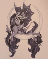 Size: 1657x2048 | Tagged: safe, artist:creeate97, imported from derpibooru, princess luna, alicorn, pony, bat wings, crescent moon, hybrid wings, monochrome, moon, solo, tangible heavenly object, traditional art, wings