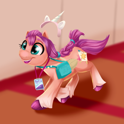 Size: 2608x2610 | Tagged: safe, artist:miguelpadillaarts, imported from derpibooru, imported from ponybooru, sunny starscout, earth pony, pony, badge, bag, braid, cardboard wings, clothes, cosplay, costume, cute, fake cutie mark, fake horn, fake wings, female, g5, high res, in-universe pegasister, mare, open mouth, ponycon, running, solo, sunnybetes, unshorn fetlocks