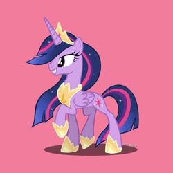 Size: 1080x1080 | Tagged: safe, alternate version, artist:luna.queex, imported from derpibooru, twilight sparkle, alicorn, pony, the last problem, crown, cutie mark, ethereal mane, eyelashes, female, grin, hoof shoes, horn, jewelry, mare, older, older twilight, peytral, pink background, princess twilight 2.0, raised hoof, regalia, signature, simple background, smiling, solo, starry mane, tiara, twilight sparkle (alicorn), wings