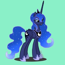 Size: 1080x1080 | Tagged: safe, alternate version, artist:luna.queex, imported from derpibooru, princess luna, alicorn, pony, blue background, ethereal mane, eyelashes, female, grin, hoof shoes, horn, jewelry, mare, peytral, signature, simple background, smiling, solo, starry mane, tiara, wings