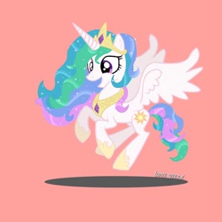 Size: 1080x1080 | Tagged: safe, alternate version, artist:luna.queex, imported from derpibooru, princess celestia, alicorn, pony, eyelashes, female, flying, grin, hoof shoes, horn, jewelry, mare, peytral, pink background, rearing, signature, simple background, smiling, solo, tiara, wings