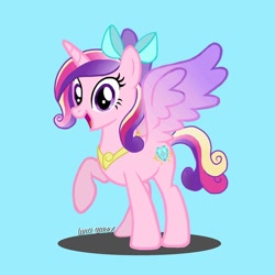 Size: 1080x1080 | Tagged: safe, alternate version, artist:luna.queex, imported from derpibooru, princess cadance, alicorn, pony, eyelashes, female, horn, mare, open mouth, peytral, raised hoof, signature, simple background, smiling, solo, wings