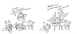 Size: 1658x736 | Tagged: safe, artist:mane6, imported from derpibooru, arizona cow, oleander, classical unicorn, cow, unicorn, them's fightin' herds, 2 panel comic, arizona (tfh), book, cloven hooves, comic, community related, cool s, female, golly, leonine tail, monochrome, oleander (tfh), super s stussy, unshorn fetlocks